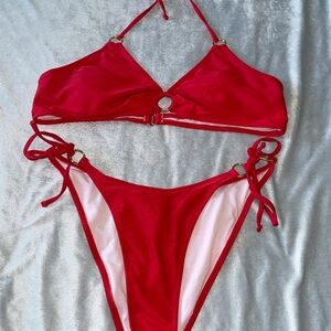 SHEIN Red Ring Detail Tie-Side Bikini Set